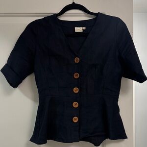 Elegant Blue Button-Up Linen Women's Top